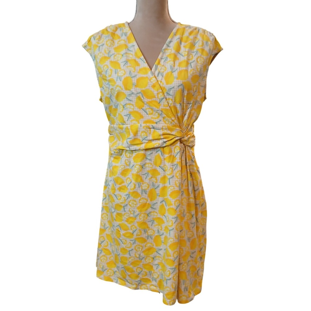 SOLD SOLD  Lemon Print Knit Wrap Dress Yellow Gingham Petite Large 14-16